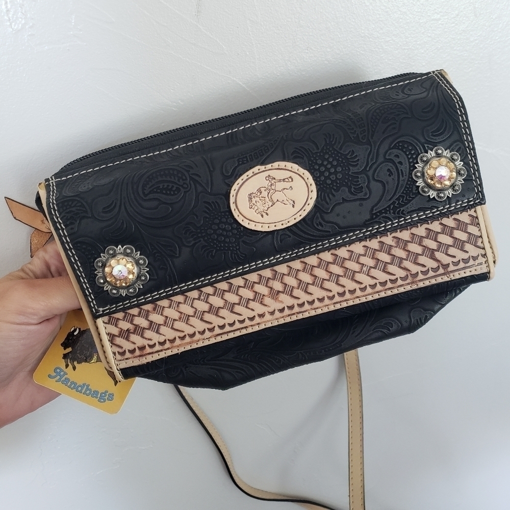 Buffalo Gal Handbags NWT Vintage 2004 Tooled Crossbody Bag Black Tan Western